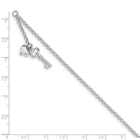 14k White Gold Puffed Heart And Key Dangle Anklet, 10 Inch - Picture 3 of 5